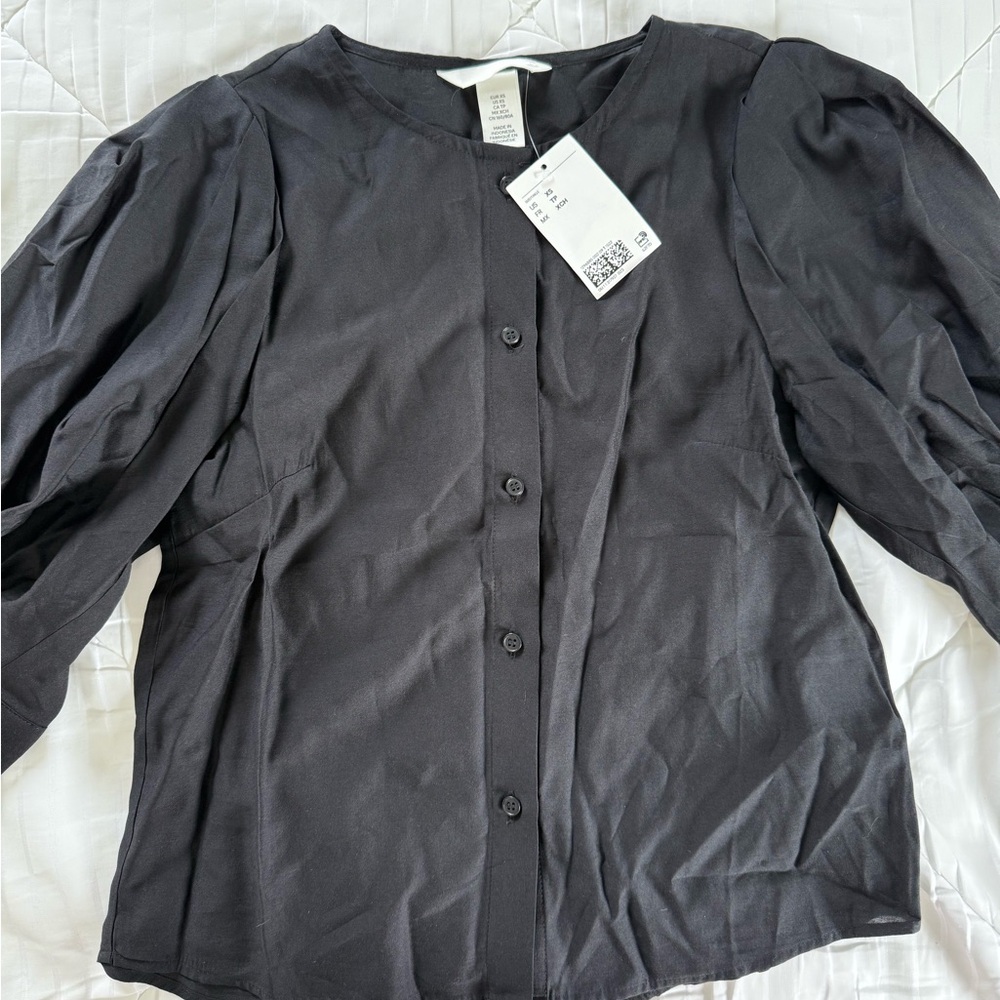 H&M Black Puff Sleeve Button Down Blouse